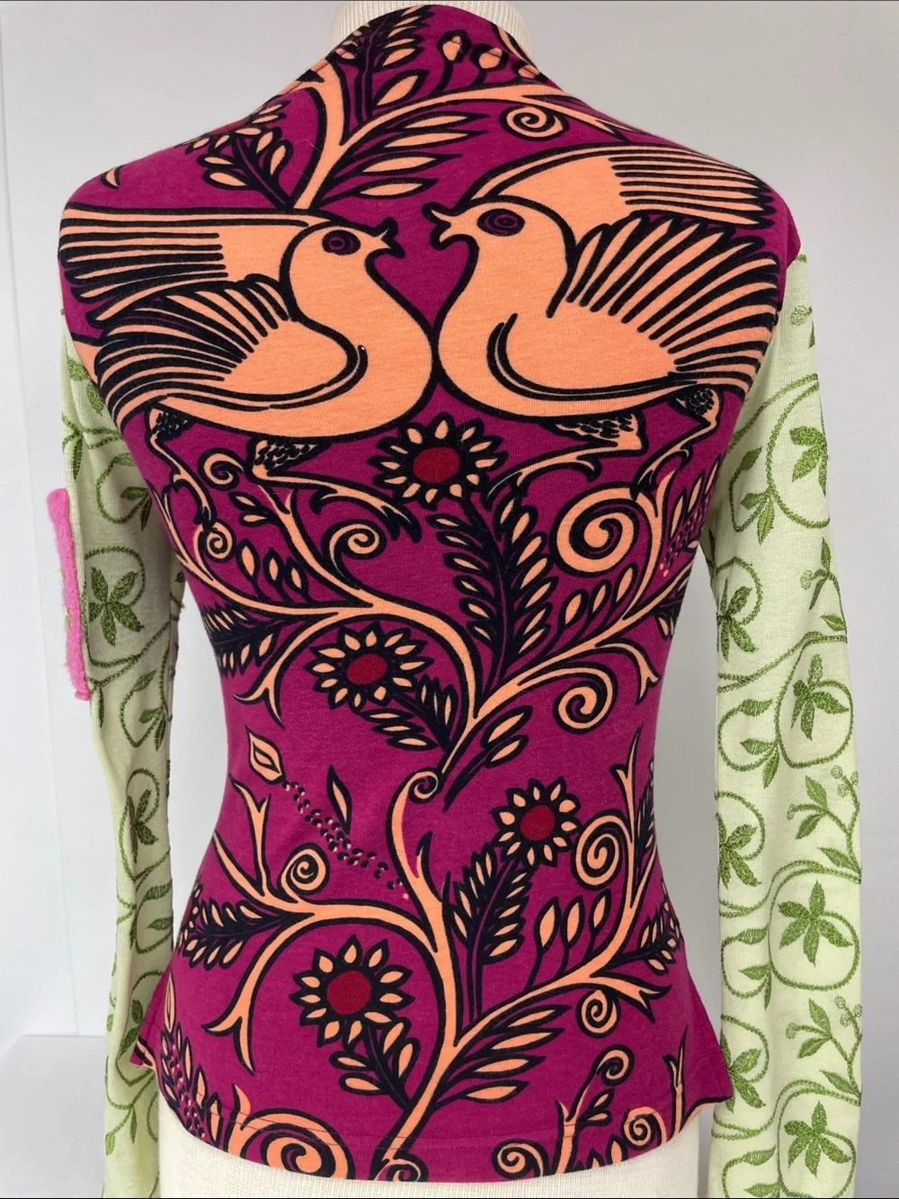 Custo Barcelona Magenta Pink and Peach Floral Bird Long Sleeve Top, Size S